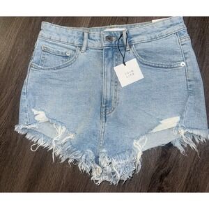 Zara High Rise Waisted Jean Shorts Womens Size 6 Distressed Raw Hem Light Wash
